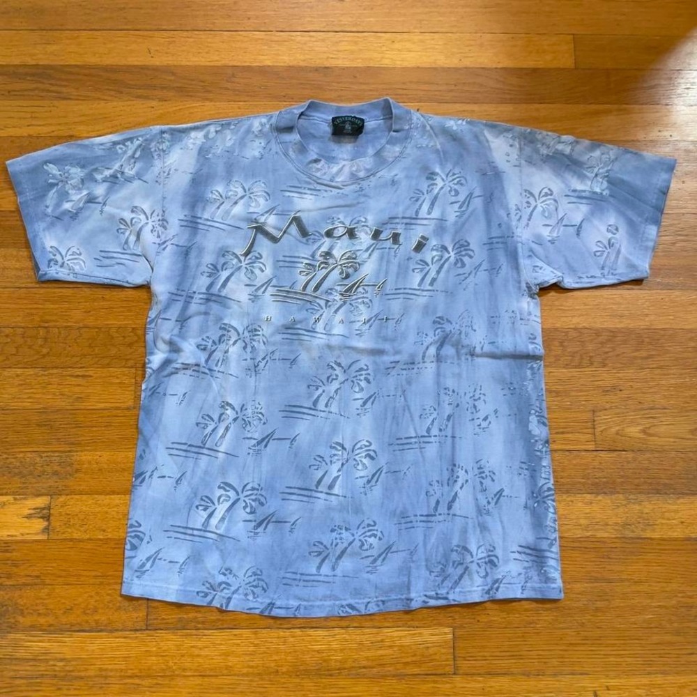 VTG 90s Yesterdays Maui Hawaii‎ AOP striped palm tree tshirt L blue tie dye